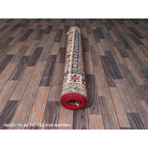 4'9"x7'1" Berry Red, Kazak with Tribal Medallions Design, Soft Wool, Vegetable Dyes, Hand Knotted, Denser Weave, Oriental Rug FWR2010