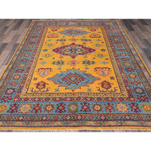 Load image into Gallery viewer, 5&#39;2&quot;x6&#39;7&quot; Golden Yellow, Kazak with Geometric Medallions Design, Hand Knotted, Denser Weave, Vegetable Dyes, Soft and Vibrant Wool, Oriental Rug FWR2016