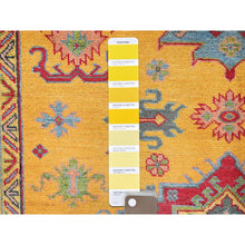Load image into Gallery viewer, 5&#39;2&quot;x6&#39;7&quot; Golden Yellow, Kazak with Geometric Medallions Design, Hand Knotted, Denser Weave, Vegetable Dyes, Soft and Vibrant Wool, Oriental Rug FWR2016