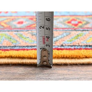 5'2"x6'7" Golden Yellow, Kazak with Geometric Medallions Design, Hand Knotted, Denser Weave, Vegetable Dyes, Soft and Vibrant Wool, Oriental Rug FWR2016