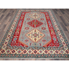 Load image into Gallery viewer, 5&#39;1&quot;x7&#39; Misty Gray with Crimson Red, Kazak with Geometric Medallions Design, Pure Wool, Vegetable Dyes, Hand Knotted, Denser Weave, Oriental Rug FWR2022