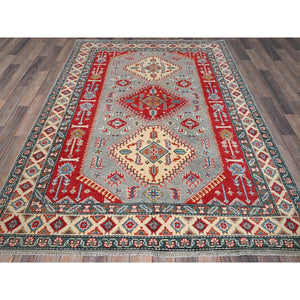 5'1"x7' Misty Gray with Crimson Red, Kazak with Geometric Medallions Design, Pure Wool, Vegetable Dyes, Hand Knotted, Denser Weave, Oriental Rug FWR2022
