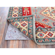 Load image into Gallery viewer, 5&#39;1&quot;x7&#39; Misty Gray with Crimson Red, Kazak with Geometric Medallions Design, Pure Wool, Vegetable Dyes, Hand Knotted, Denser Weave, Oriental Rug FWR2022