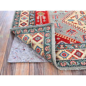 5'1"x7' Misty Gray with Crimson Red, Kazak with Geometric Medallions Design, Pure Wool, Vegetable Dyes, Hand Knotted, Denser Weave, Oriental Rug FWR2022