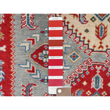 Load image into Gallery viewer, 5&#39;1&quot;x7&#39; Misty Gray with Crimson Red, Kazak with Geometric Medallions Design, Pure Wool, Vegetable Dyes, Hand Knotted, Denser Weave, Oriental Rug FWR2022