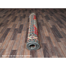 Load image into Gallery viewer, 5&#39;1&quot;x7&#39; Misty Gray with Crimson Red, Kazak with Geometric Medallions Design, Pure Wool, Vegetable Dyes, Hand Knotted, Denser Weave, Oriental Rug FWR2022