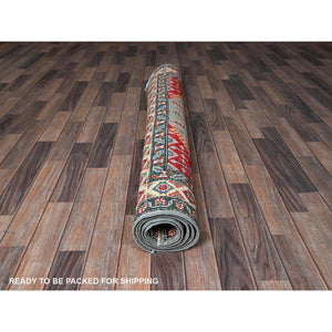 5'1"x7' Misty Gray with Crimson Red, Kazak with Geometric Medallions Design, Pure Wool, Vegetable Dyes, Hand Knotted, Denser Weave, Oriental Rug FWR2022