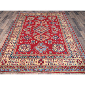 5'x6'4" Scarlet Red, Kazak with Geometric Medallions Design, Vegetable Dyes, Hand Knotted, Denser Weave, Pure Wool, Oriental Rug FWR2028
