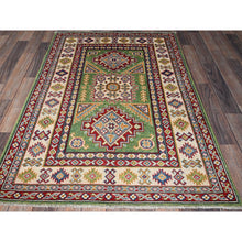 Load image into Gallery viewer, 3&#39;4&quot;x5&#39; Swamp Green, Kazak With Geometric Medallions Design, Vegetable Dyes, Hand Knotted, Denser Weave, Pure Wool, Oriental Rug FWR2034
