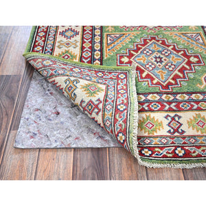 3'4"x5' Swamp Green, Kazak with Geometric Medallions Design, Vegetable Dyes, Hand Knotted, Denser Weave, Pure Wool, Oriental Rug FWR2034