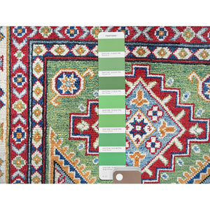 3'4"x5' Swamp Green, Kazak with Geometric Medallions Design, Vegetable Dyes, Hand Knotted, Denser Weave, Pure Wool, Oriental Rug FWR2034