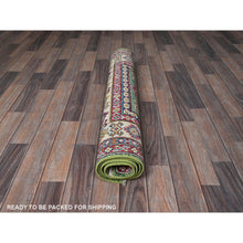 Load image into Gallery viewer, 3&#39;4&quot;x5&#39; Swamp Green, Kazak With Geometric Medallions Design, Vegetable Dyes, Hand Knotted, Denser Weave, Pure Wool, Oriental Rug FWR2034