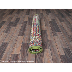 3'4"x5' Swamp Green, Kazak with Geometric Medallions Design, Vegetable Dyes, Hand Knotted, Denser Weave, Pure Wool, Oriental Rug FWR2034