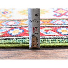 Load image into Gallery viewer, 3&#39;4&quot;x5&#39; Swamp Green, Kazak With Geometric Medallions Design, Vegetable Dyes, Hand Knotted, Denser Weave, Pure Wool, Oriental Rug FWR2034