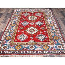Load image into Gallery viewer, 3&#39;8&quot;x4&#39;10&quot; Crimson Red, Kazak With All Over Tribal Motifs, Hand Knotted, Vegetable Dyes, Denser Weave, Pure Wool, Oriental Rug FWR2046