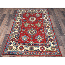 Load image into Gallery viewer, 3&#39;1&quot;x4&#39;10&quot; Berry Red, Hand Knotted, Kazak With Geometric Medallions Design, Vegetable Dyes, Denser Weave, Soft 100% Wool, Oriental Rug FWR2052