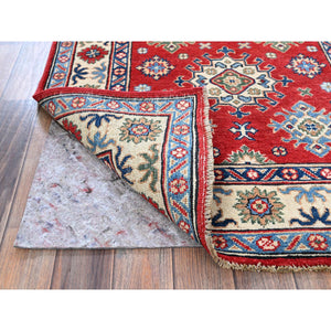 3'1"x4'10" Berry Red, Hand Knotted, Kazak With Geometric Medallions Design, Vegetable Dyes, Denser Weave, Soft 100% Wool, Oriental Rug FWR2052