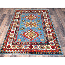 Load image into Gallery viewer, 3&#39;4&quot;x4&#39;10&quot; Airy Blue, Kazak With Geometric Medallions Design, Hand Knotted, Vegetable Dyes, Denser Weave, Soft And Vibrant Wool, Oriental Rug FWR2064
