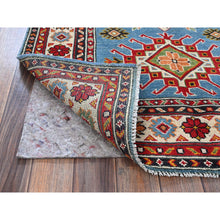 Load image into Gallery viewer, 3&#39;4&quot;x4&#39;10&quot; Airy Blue, Kazak with Geometric Medallions Design, Hand Knotted, Vegetable Dyes, Denser Weave, Soft and Vibrant Wool, Oriental Rug FWR2064
