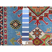 Load image into Gallery viewer, 3&#39;4&quot;x4&#39;10&quot; Airy Blue, Kazak with Geometric Medallions Design, Hand Knotted, Vegetable Dyes, Denser Weave, Soft and Vibrant Wool, Oriental Rug FWR2064