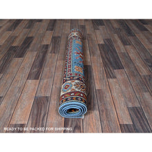 Load image into Gallery viewer, 3&#39;4&quot;x4&#39;10&quot; Airy Blue, Kazak with Geometric Medallions Design, Hand Knotted, Vegetable Dyes, Denser Weave, Soft and Vibrant Wool, Oriental Rug FWR2064