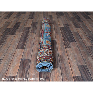 3'4"x4'10" Airy Blue, Kazak with Geometric Medallions Design, Hand Knotted, Vegetable Dyes, Denser Weave, Soft and Vibrant Wool, Oriental Rug FWR2064