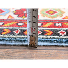 Load image into Gallery viewer, 3&#39;4&quot;x4&#39;10&quot; Airy Blue, Kazak with Geometric Medallions Design, Hand Knotted, Vegetable Dyes, Denser Weave, Soft and Vibrant Wool, Oriental Rug FWR2064
