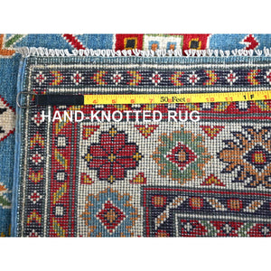 3'4"x4'10" Deep and Saturated Red with Mix of Blue, Afghan Khamyab with Geometric Design, Soft Wool Hand Knotted, Oriental Rug FWR430818