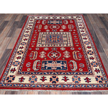 Load image into Gallery viewer, 3&#39;5&quot;x5&#39; Arsenal Red, Kazak With Geometric Medallions Design, Soft And Shiny Wool, Vegetable Dyes, Hand Knotted, Denser Weave, Oriental Rug FWR2076