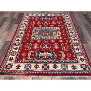 3'5"x5' Arsenal Red, Kazak With Geometric Medallions Design, Soft And Shiny Wool, Vegetable Dyes, Hand Knotted, Denser Weave, Oriental Rug FWR2076