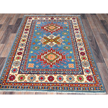 Load image into Gallery viewer, 3&#39;4&quot;x5&#39; Carolina Blue, Kazak with Tribal Medallions Design, Hand Knotted, Vegetable Dyes, Denser Weave, Pure Wool, Oriental Rug FWR2082