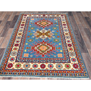 3'4"x5' Carolina Blue, Kazak with Tribal Medallions Design, Hand Knotted, Vegetable Dyes, Denser Weave, Pure Wool, Oriental Rug FWR2082