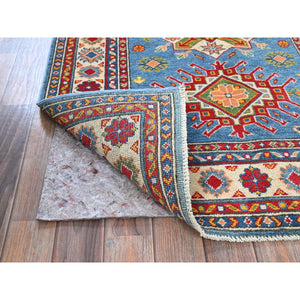 3'4"x5' Carolina Blue, Kazak with Tribal Medallions Design, Hand Knotted, Vegetable Dyes, Denser Weave, Pure Wool, Oriental Rug FWR2082