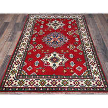 Load image into Gallery viewer, 3&#39;3&quot;x4&#39;9&quot; Berry Red, Kazak with Tribal Medallions Design, Vegetable Dyes, Hand Knotted, Denser Weave, 100% Wool, Oriental Rug FWR2088