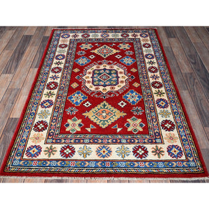 3'3"x4'10" Crimson Red, Kazak with Geometric Medallions Design, Vegetable Dyes, Hand Knotted, Denser Weave, Pure Wool, Oriental Rug FWR2094