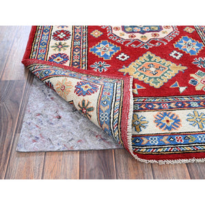 3'3"x4'10" Crimson Red, Kazak with Geometric Medallions Design, Vegetable Dyes, Hand Knotted, Denser Weave, Pure Wool, Oriental Rug FWR2094