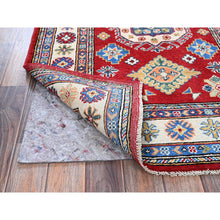 Load image into Gallery viewer, 3&#39;3&quot;x4&#39;10&quot; Crimson Red, Kazak With Geometric Medallions Design, Vegetable Dyes, Hand Knotted, Denser Weave, Pure Wool, Oriental Rug FWR2094