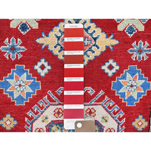 3'3"x4'10" Crimson Red, Kazak with Geometric Medallions Design, Vegetable Dyes, Hand Knotted, Denser Weave, Pure Wool, Oriental Rug FWR2094