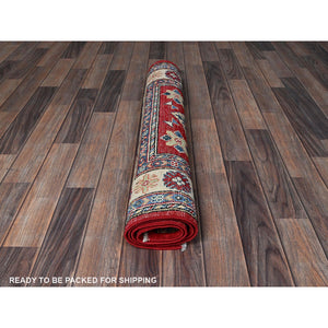 3'3"x4'10" Crimson Red, Kazak with Geometric Medallions Design, Vegetable Dyes, Hand Knotted, Denser Weave, Pure Wool, Oriental Rug FWR2094