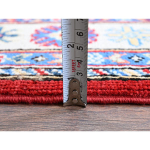 3'3"x4'10" Crimson Red, Kazak with Geometric Medallions Design, Vegetable Dyes, Hand Knotted, Denser Weave, Pure Wool, Oriental Rug FWR2094