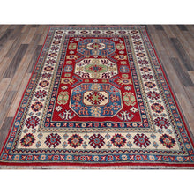 Load image into Gallery viewer, 4&#39;x5&#39;8&quot; Arsenal Red, Kazak with Geometric Medallions Design, Vegetable Dyes, Hand Knotted, Denser Weave, Soft and Vibrant Wool, Oriental Rug FWR2124