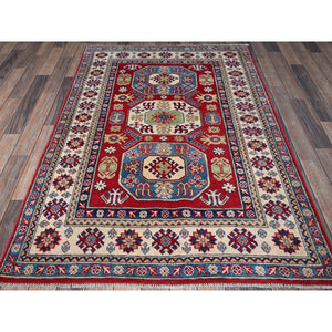 4'x5'8" Arsenal Red, Kazak with Geometric Medallions Design, Vegetable Dyes, Hand Knotted, Denser Weave, Soft and Vibrant Wool, Oriental Rug FWR2124