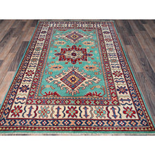 Load image into Gallery viewer, 4&#39;x5&#39;10&quot; Aqua Green, Kazak with Tribal Medallions Design, Vegetable Dyes, Denser Weave, Soft and Vibrant Wool, Hand Knotted, Oriental Rug FWR2130