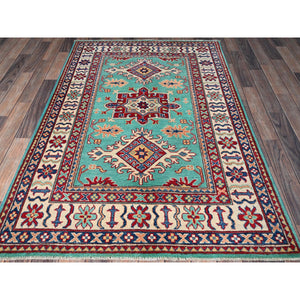 4'x5'10" Aqua Green, Kazak with Tribal Medallions Design, Vegetable Dyes, Denser Weave, Soft and Vibrant Wool, Hand Knotted, Oriental Rug FWR2130