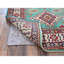 Load image into Gallery viewer, 4&#39;x5&#39;10&quot; Aqua Green, Kazak with Tribal Medallions Design, Vegetable Dyes, Denser Weave, Soft and Vibrant Wool, Hand Knotted, Oriental Rug FWR2130