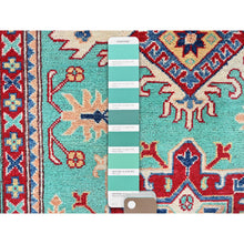 Load image into Gallery viewer, 4&#39;x5&#39;10&quot; Aqua Green, Kazak with Tribal Medallions Design, Vegetable Dyes, Denser Weave, Soft and Vibrant Wool, Hand Knotted, Oriental Rug FWR2130