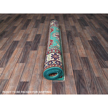Load image into Gallery viewer, 4&#39;x5&#39;10&quot; Aqua Green, Kazak with Tribal Medallions Design, Vegetable Dyes, Denser Weave, Soft and Vibrant Wool, Hand Knotted, Oriental Rug FWR2130