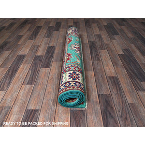 4'x5'10" Aqua Green, Kazak with Tribal Medallions Design, Vegetable Dyes, Denser Weave, Soft and Vibrant Wool, Hand Knotted, Oriental Rug FWR2130