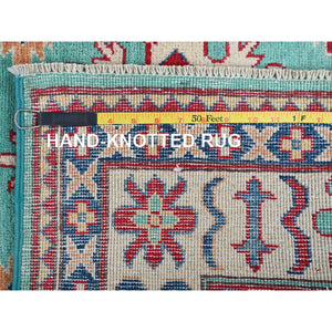 4'x5'10" Aqua Green, Kazak With Tribal Medallions Design, Vegetable Dyes, Denser Weave, Soft And Vibrant Wool, Hand Knotted, Oriental Rug FWR2130