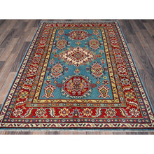 Load image into Gallery viewer, 4&#39;1&quot;x5&#39;10&quot; Aquamarine Blue, Kazak with Geometric Medallions Design, Vegetable Dyes, Denser Weave, Hand Knotted, Soft and Vibrant Wool, Oriental Rug FWR2136